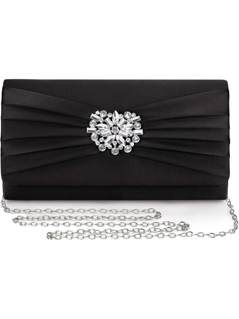 〽️Women's Black Satin Brooch Rhinestone Clutch Prom Detachable Chain Evening Bag